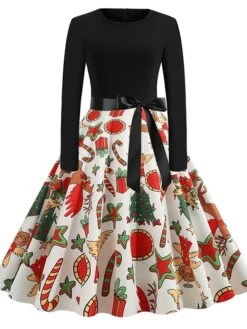 Women's Christmas Swing DressKnee Length Dress Black And White White Light Red Gold Red Long Sleeve Elk Snowman Bell Bow Print Fall Winter Round Neck Vintage Elegant 2022 S M L XL 2XL -Casual Print Dress Sales eodbzv1634125862846