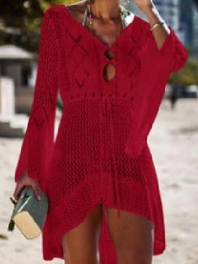 Women's Swimwear Cover Up Beach Dress Normal Swimsuit Oversized Crochet Hole Solid Color Wine Red Lake Green Black White Light Pink Bathing Suits Sports Vacation Sports 5 Women's Swimwear Cover Up Beach Dress Normal Swimsuit Oversized Crochet Hole Solid Color Wine Red Lake Green Black White Light Pink Bathing Suits Sports Vacation Sports - Image 5