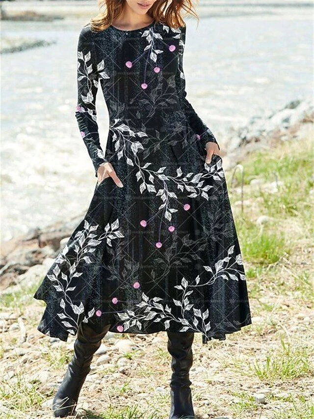 Women's Casual Dress Winter Dress Ethnic Dress Floral Tribal Pocket Print Crew Neck Midi Dress Vintage Ethnic Outdoor Daily Long Sleeve Regular Fit Black White Yellow Fall Winter S M L XL XXL 3 Women's Casual Dress Winter Dress Ethnic Dress Floral Tribal Pocket Print Crew Neck Midi Dress Vintage Ethnic Outdoor Daily Long Sleeve Regular Fit Black White Yellow Fall Winter S M L XL XXL - Image 3