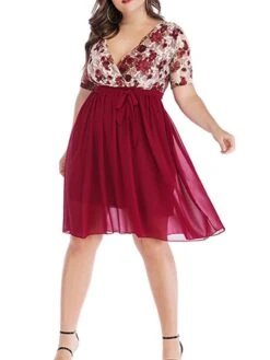 Women‘s Plus Size Curve Party Dress Cocktail Dress Wedding Guest Dress Midi Dress Black Wine Short Sleeve Floral Lace Up Summer Spring Fall V Neck Fashion Birthday Wedding Guest Vacation 2023 -Casual Print Dress Sales epgfgp1691399398670
