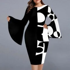 Women‘s Plus Size Curve Party Dress Geometric V Neck Print Long Sleeve Fall Winter Work Casual Prom Dress Knee Length Dress Casual Daily Dress