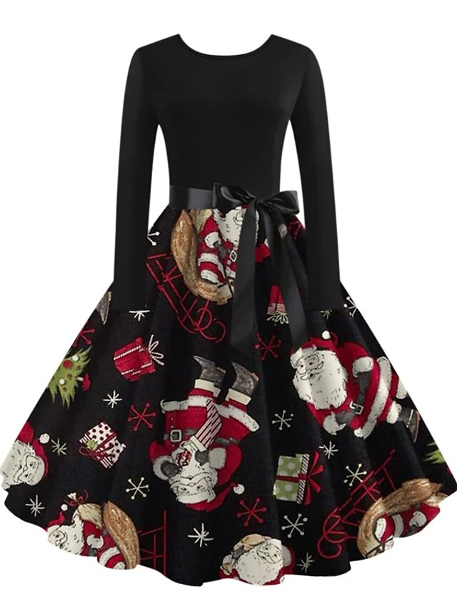 Women's ChristmasSkater DressKnee Length Dress Light Yellow Green White Light Red Dark Blue Red Long Sleeve Snowman Tree Snowflake Bow Print Fall Winter Crew Neck Vintage Party 2022 S 2 Women's ChristmasSkater DressKnee Length Dress Light Yellow Green White Light Red Dark Blue Red Long Sleeve Snowman Tree Snowflake Bow Print Fall Winter Crew Neck Vintage Party 2022 S - Image 2