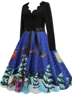Women's Christmas Casual Dress Swing Dress Midi Dress Blue Purple Royal Blue Light Blue White Long Sleeve Santa Claus Elk Tree Bow Print Winter Fall V Neck Vacation Vintage 2022 S M L XL -Casual Print Dress Sales eqlwcy1666927317347