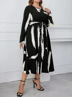 Women's Plus Size Curve Party Dress Wedding Guest Dress Black Dress Long Dress Maxi Dress Black Long Sleeve Line With Belt Spring Fall Winter V Neck Fashion Evening Party Wedding Guest XL 5 Women's Plus Size Curve Party Dress Wedding Guest Dress Black Dress Long Dress Maxi Dress Black Long Sleeve Line With Belt Spring Fall Winter V Neck Fashion Evening Party Wedding Guest XL -Casual Print Dress Sales equafe1692947121994