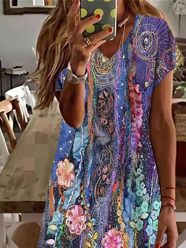 Women's Casual Dress Shift Dress Midi Dress Purple Short Sleeve Floral Print Summer Spring V Neck Stylish Loose Fit 2023 S M L XL XXL 3XL 2 Women's Casual Dress Shift Dress Midi Dress Purple Short Sleeve Floral Print Summer Spring V Neck Stylish Loose Fit 2023 S M L XL XXL 3XL - Image 2