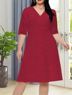 Women‘s Plus Size Curve Party Dress Lace Dress White Dress Solid Color Midi Dress Half Sleeve Lace V Neck Fashion Party White Red Summer Spring XL XXL 3XL 4XL 5XL -Casual Print Dress Sales eriute1681204555576