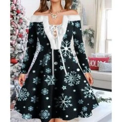 Women's Christmas Swing Dress Vintage Dress Mini Dress Green Light Green Wine Red Navy Blue White Long Sleeve Snowman Tree Snowflake Backless Feather Print Winter Fall Off Shoulder Vacation Stylish -Casual Print Dress Sales erndff1667977605447
