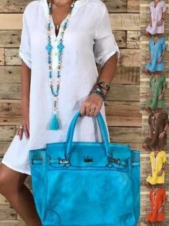 Women's Shirt Dress Casual Dress Midi Dress Outdoor Daily Polyester Basic Casual Shirt Collar Button Long Sleeve Summer Spring Fall 2023 Loose Fit White Yellow Sky Blue Pure Color S M L XL 2XL