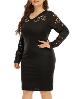 Women‘s Plus Size Curve Work Dress Sheath Dress Black Dress Fashion Midi Dress Cut Out V Neck Long Sleeve Plain Regular Fit Black Fall Winter XL XXL 3XL 4XL