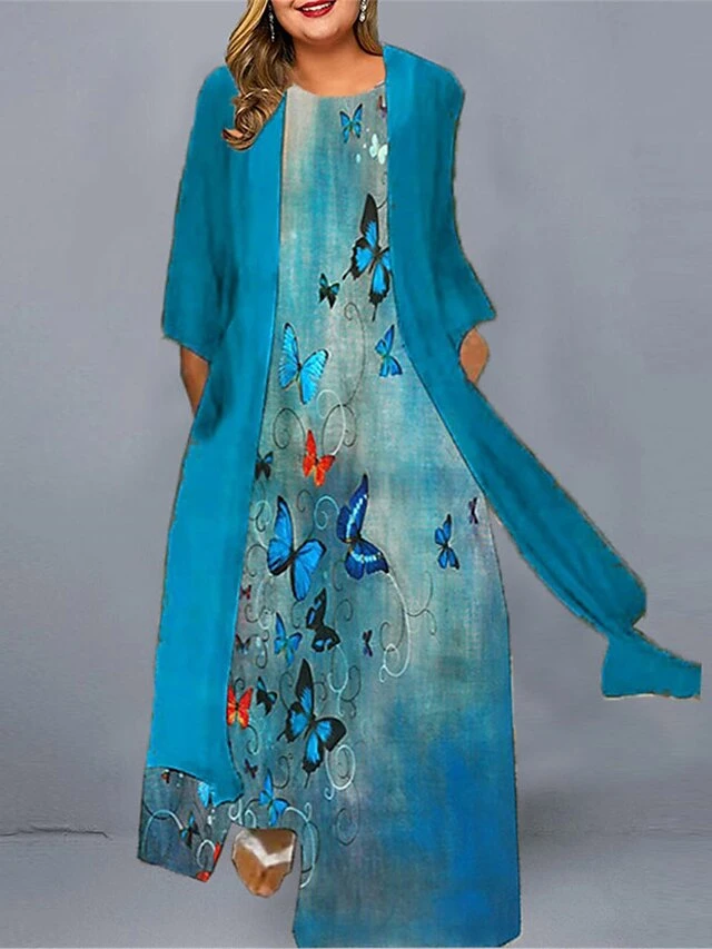 Women‘s Plus Size Curve Casual Dress Dress Set Two Piece Dress Animal Butterfly Long Dress Maxi Dress 3/4 Length Sleeve Print Crew Neck Fashion Daily Blue Green Spring Summer L XL XXL 3XL 4XL 3 Women‘s Plus Size Curve Casual Dress Dress Set Two Piece Dress Animal Butterfly Long Dress Maxi Dress 3/4 Length Sleeve Print Crew Neck Fashion Daily Blue Green Spring Summer L XL XXL 3XL 4XL - Image 3