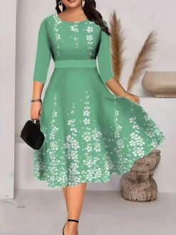 Women‘s Plus Size Curve Work Dress Swing Dress A Line Dress Fashion Midi Dress Print Crew Neck 3/4 Length Sleeve Floral Regular Fit Blue Fuchsia Green Summer Fall L XL XXL 3XL 4XL -Casual Print Dress Sales etbxed1690962492153