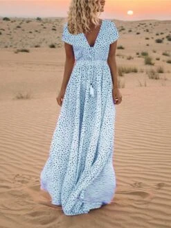 Women's Casual Dress Swing Dress Boho Dress Long Dress Maxi Dress Light Blue Creamy-white Pink Short Sleeve Polka Dot Print Spring Summer V Neck Slim 2023 S M L XL XXL XXXL -Casual Print Dress Sales etkvcx1625037234847