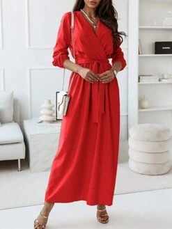 Women's Casual Dress Swing Dress Church Dress Long Dress Maxi Dress Pink Red Blue Long Sleeve Pure Color Lace Up Fall Winter Autumn V Neck Elegant Winter Dress Fall Dress 2023 S M L XL XXL 3XL -Casual Print Dress Sales etmuvj1632306823243