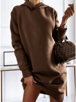 Women‘s Hoodie Dress Winter Dress Knee Length Dress Black Khaki Brown Long Sleeve Fall Solid Color Patchwork Winter Casual Loose S M L XL XXL XXXL -Casual Print Dress Sales eumbgg1672127811775