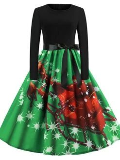 Women's Christmas Swing DressKnee Length Dress Green Blue Purple Red Long Sleeve Print Snowflake Bow Print Fall Winter Crew Neck Stylish 2022 S M L XL 2XL -Casual Print Dress Sales eusgxv1658813909391