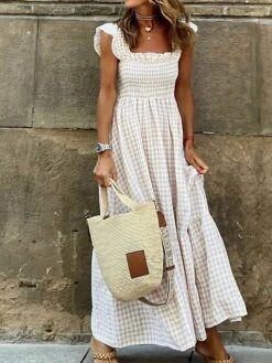 Women's Casual Dress Swing Dress Long Dress Maxi Dress White Sleeveless Plaid Ruffle Spring Summer Square Neck Weekend 2023 S M L XL