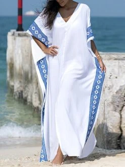 Women's Kaftan Dress Cover Up Beach Wear Long Dress Maxi Dress Split Print Basic Casual Geometric V Neck Half Sleeve Loose Fit Outdoor Daily White 2023 Summer Spring One Size