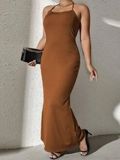 Women's Plus Size Curve Party Dress Wedding Guest Dress Bodycon Long Dress Maxi Dress Brown Long Sleeve Pure Color Backless Fall Winter Autumn Halter Neck Fashion Wedding Guest Vacation XL XXL 3XL -Casual Print Dress Sales euzlrm1692165956504