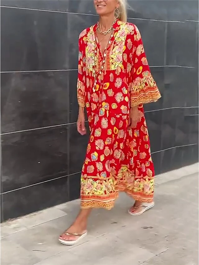 Women's Long Dress Maxi Dress Casual Dress Summer Dress Boho Dress Floral Fashion Bohemian Outdoor Daily Holiday Print Long Sleeve V Neck Dress Loose Fit Red Summer Spring S M L XL XXL 2 Women's Long Dress Maxi Dress Casual Dress Summer Dress Boho Dress Floral Fashion Bohemian Outdoor Daily Holiday Print Long Sleeve V Neck Dress Loose Fit Red Summer Spring S M L XL XXL - Image 2