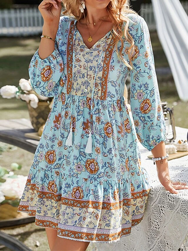 Women's Boho Dress Long Dress Maxi Dress Pink Beige Light Blue 3/4 Length Sleeve Floral Ruffle Fall Autumn V Neck Weekend Loose Fit 2023 S M L XL 7 Women's Boho Dress Long Dress Maxi Dress Pink Beige Light Blue 3/4 Length Sleeve Floral Ruffle Fall Autumn V Neck Weekend Loose Fit 2023 S M L XL - Image 7