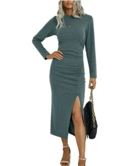 Women's Casual Dress Bodycon Sheath Dress Midi Dress Split Daily Date Going Out Fashion Basic Crew Neck Long Sleeve 2023 Regular Fit Black Wine Blue Color S M L XL XXL Size -Casual Print Dress Sales evjyqo1692081682204