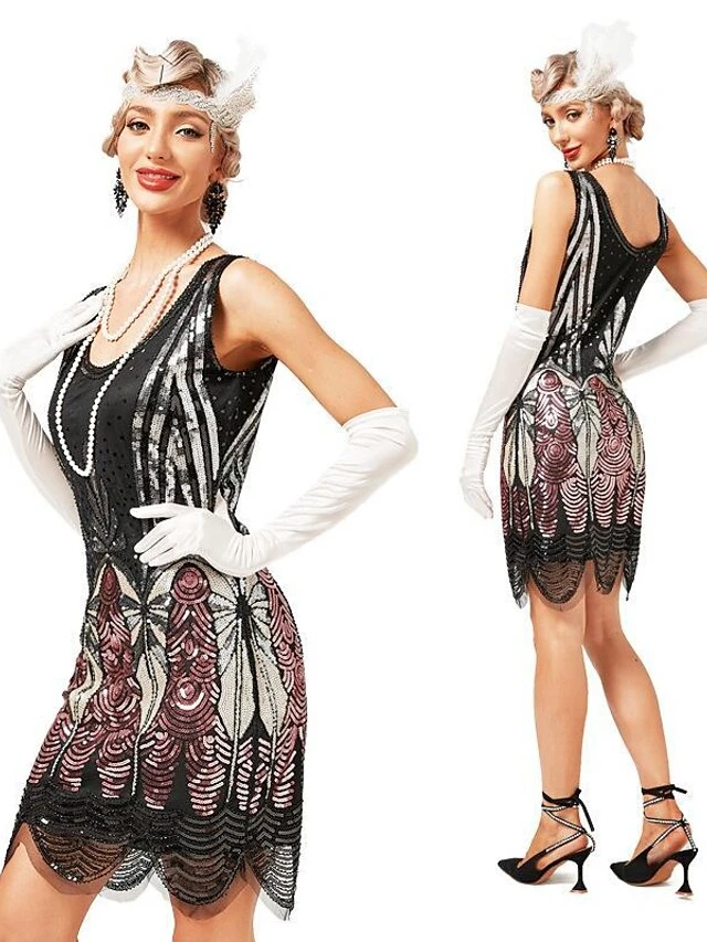 Women's Retro 1920s Sequin Dress Midi Dress Party Halloween Sequins Patchwork Leaf Deep U Sleeveless Regular Fit Spring Fall 2023 Pink Red XS S M L 1 Women's Retro 1920s Sequin Dress Midi Dress Party Halloween Sequins Patchwork Leaf Deep U Sleeveless Regular Fit Spring Fall 2023 Pink Red XS S M L
