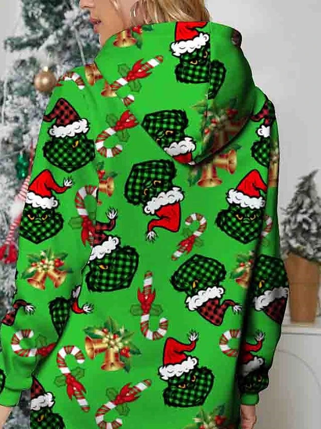Women's Christmas Dress Hoodie Dress Mini Dress Warm Fashion Outdoor Christmas Holiday Hoodie Print Monster Christmas Hat Loose Fit Green S M L XL XXL 3 Women's Christmas Dress Hoodie Dress Mini Dress Warm Fashion Outdoor Christmas Holiday Hoodie Print Monster Christmas Hat Loose Fit Green S M L XL XXL - Image 3