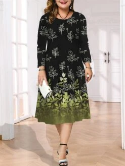 Women's Plus Size Curve Casual Dress Skater Dress A Line Dress Leaf Gradient Midi Dress Long Sleeve Print Crew Neck Fashion Outdoor Deep Purple Deep Green Fall Winter L XL XXL 3XL 4XL -Casual Print Dress Sales ewaiyn1695713743474
