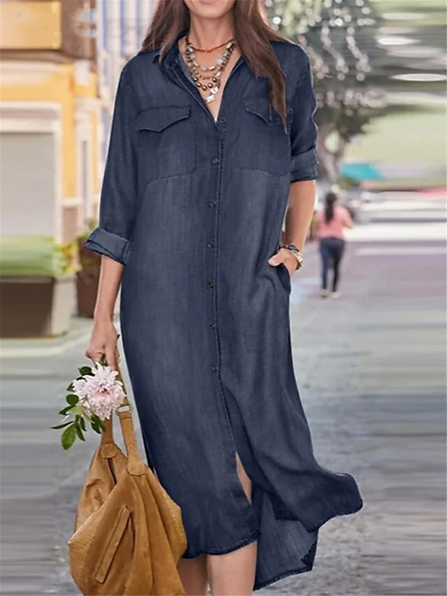 Women's Shirt Dress Casual Dress Midi Dress Outdoor Daily Denim Fashion Modern Shirt Collar Button Pocket Long Sleeve Summer Spring Fall 2023 Loose Fit Black Navy Blue Blue Pure Color S M L XL 2XL 2 Women's Shirt Dress Casual Dress Midi Dress Outdoor Daily Denim Fashion Modern Shirt Collar Button Pocket Long Sleeve Summer Spring Fall 2023 Loose Fit Black Navy Blue Blue Pure Color S M L XL 2XL - Image 2
