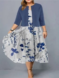 Women‘s Plus Size Curve Casual Dress Dress Set Two Piece Dress Floral Midi Dress Half Sleeve Ruched Print V Neck Fashion Outdoor Blue Summer Spring L XL XXL 3XL 4XL