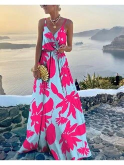 Women's Swing Dress Maxi Long Dress Red Maple Leaf Green Pink Flower Pine Needle Fish Pattern Turquoise Blue Solid Color Red Dot Diamond Bodo Leopard Print Sleeveless Geometric With Belt Summer