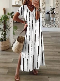 Women's Casual Dress A Line Dress Floral Dress Floral Ditsy Floral Split Print V Neck Long Dress Maxi Dress Fashion Streetwear Outdoor Daily Short Sleeve Regular Fit Black White Burgundy Summer Spring -Casual Print Dress Sales ewoqfp1687677942987