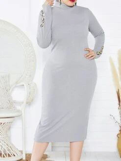 Women's Plus Size Curve Casual Dress Sweater Dress Bodycon Plain Midi Dress Long Sleeve Button Turtleneck Fashion Outdoor Wine Dark Blue Fall Winter XL XXL 3XL 4XL 5XL -Casual Print Dress Sales ewursf1694489891730