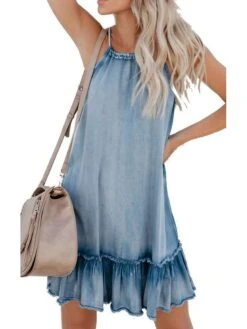 Women's Denim Dress Mini Dress Denim Hot Casual Daily Vacation Halter Ruffle Sleeveless Summer Spring Fall 2022 Loose Fit Light Blue Pure Color S M L XL