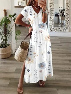 Women's Casual Dress A Line Dress Floral Dress Floral Ditsy Floral Split Print V Neck Long Dress Maxi Dress Fashion Streetwear Outdoor Daily Short Sleeve Regular Fit Black White Burgundy Summer Spring -Casual Print Dress Sales ewxqca1687677944816