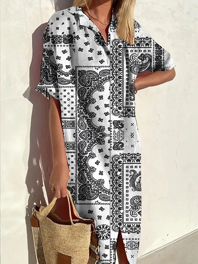 Women's Shirt Dress Casual Dress Midi Dress Outdoor Office Daily Polyester Casual Vintage Retro Shirt Collar Button Print 3/4 Length Sleeve Summer Spring Fall 2023 Loose Fit Black White Floral 2 Women's Shirt Dress Casual Dress Midi Dress Outdoor Office Daily Polyester Casual Vintage Retro Shirt Collar Button Print 3/4 Length Sleeve Summer Spring Fall 2023 Loose Fit Black White Floral - Image 2