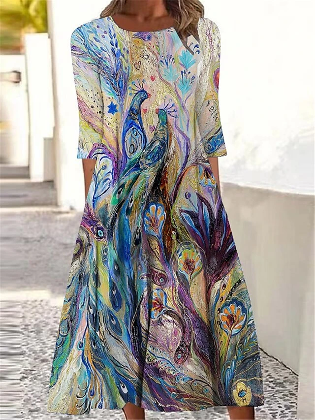Women's Casual Dress Summer Dress Print Dress Floral Paisley Ruched Print Crew Neck Midi Dress Active Fashion Outdoor Daily 3/4 Length Sleeve Regular Fit Yellow Royal Blue Blue Summer Spring S M L XL 3 Women's Casual Dress Summer Dress Print Dress Floral Paisley Ruched Print Crew Neck Midi Dress Active Fashion Outdoor Daily 3/4 Length Sleeve Regular Fit Yellow Royal Blue Blue Summer Spring S M L XL - Image 3