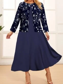 Women's Plus Size Curve Two Piece Dress Set Casual Dress Swing Dress Outdoor Office Fashion Streetwear Print Midi Dress Crew Neck Long Sleeve Floral Wine Navy Blue Royal Blue Spring Fall L XL -Casual Print Dress Sales eysbgu1691999594450
