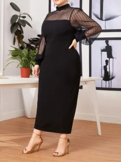 Women‘s Plus Size Curve Work Dress Sheath Dress Black Dress Fashion Mesh Sleeve Long Dress Maxi Dress Mesh Stand Collar Long Sleeve Plain Regular Fit Black Spring Fall L XL XXL 3XL 4XL