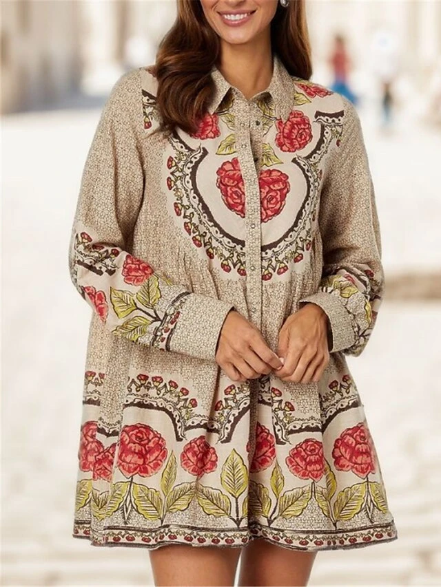 Women's Shirt Dress Casual Dress Mini Dress Outdoor Daily Vacation Polyester Vintage Retro Shirt Collar Button Print Long Sleeve Spring Fall 2023 Loose Fit Apricot Floral S M L XL 2XL 2 Women's Shirt Dress Casual Dress Mini Dress Outdoor Daily Vacation Polyester Vintage Retro Shirt Collar Button Print Long Sleeve Spring Fall 2023 Loose Fit Apricot Floral S M L XL 2XL - Image 2