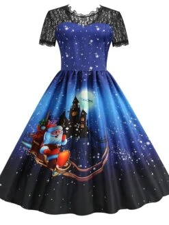 Women's Christmas Knee Length Dress Blue Purple Wine Green Black Red Short Sleeve Print Lace Print Fall Winter Round Neck CasualRegular Fit 2021 S M L XL XXL 3XL -Casual Print Dress Sales ezpwnf1632737571204