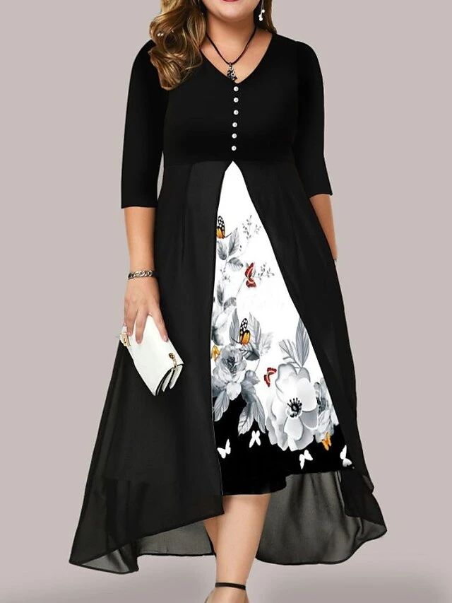Women‘s Plus Size Curve Holiday Dress Floral V Neck Ruched Half Sleeve Spring Fall Work Elegant Formal Midi Dress Work Dress Print 1 Women‘s Plus Size Curve Holiday Dress Floral V Neck Ruched Half Sleeve Spring Fall Work Elegant Formal Midi Dress Work Dress Print