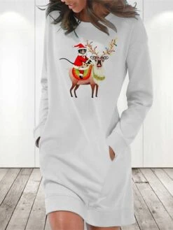 Women‘s Christmas Hoodie Dress Winter Dress Light Blue Grey White Long Sleeve Santa Claus Elk Pocket Print Winter Fall Crew Neck Stylish Casual 2022 S M L XL 2XL / Cotton -Casual Print Dress Sales eztusk1666692065011