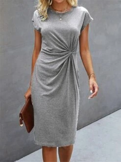 Women's Casual Dress Sheath Dress Summer Dress Midi Dress Knot Front Daily Date Going Out Fashion Basic Crew Neck Short Sleeve 2023 Regular Fit Black Green Gray Color S M L XL XXL Size -Casual Print Dress Sales facwye1683897924289