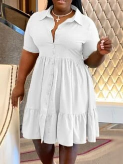 Women‘s Plus Size Curve Shirt Dress Solid Color Shirt Collar Ruffle Half Sleeve Spring Summer Casual Knee Length Dress Daily Holiday Dress -Casual Print Dress Sales fakzfl1656491040908