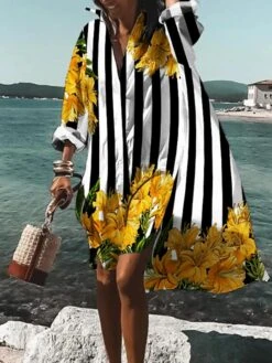 Women's Shirt Dress Casual Dress Swing Dress Midi Dress Outdoor Winter Dress Daily Polyester Fashion Stylish Shirt Collar Rolled Cuff High Low Dress Long Sleeve Summer Spring Fall 2023 Loose Fit -Casual Print Dress Sales faoqyp1661424582500