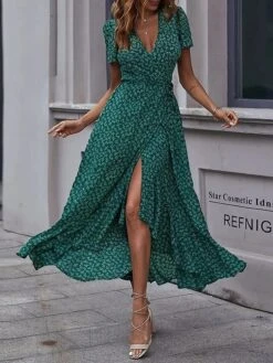 Women's Long Dress Maxi Dress Wrap Dress Floral Dress Summer Dress Graphic Modern Casual Outdoor Daily Holiday Ruffle Split Short Sleeve V Neck Dress Regular Fit Green Summer Spring S M L XL