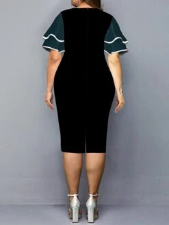 Women‘s Plus Size Curve Work Dress Bodycon Sheath Dress Color Block Midi Dress Half Sleeve Ruffle Crew Neck Fashion Outdoor Wine Red Fall Spring XL XXL 3XL 4XL 5XL -Casual Print Dress Sales fcejwb1673251733764