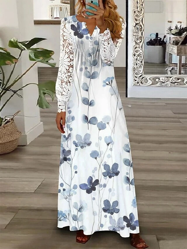 Women's Casual Dress Lace Dress Winter Dress Floral Lace Patchwork V Neck Lace Sleeve Long Dress Maxi Dress Fashion Streetwear Outdoor Daily Long Sleeve Regular Fit White Blue Fall Winter S M L XL XXL 3 Women's Casual Dress Lace Dress Winter Dress Floral Lace Patchwork V Neck Lace Sleeve Long Dress Maxi Dress Fashion Streetwear Outdoor Daily Long Sleeve Regular Fit White Blue Fall Winter S M L XL XXL - Image 3