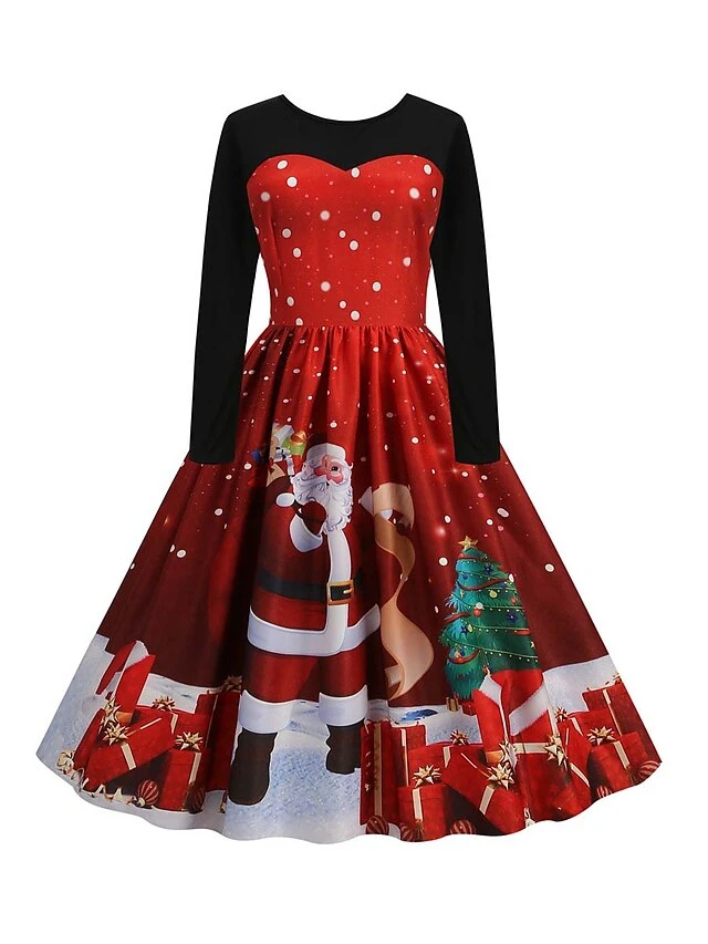 Women‘s Christmas Retro Elegant Vintage Dress Midi Dress Party Ruched Patchwork Santa Claus Crew Neck Long Sleeve Regular Fit Fall Winter 2023 Black Red S M L XL 4 Women‘s Christmas Retro Elegant Vintage Dress Midi Dress Party Ruched Patchwork Santa Claus Crew Neck Long Sleeve Regular Fit Fall Winter 2023 Black Red S M L XL - Image 4